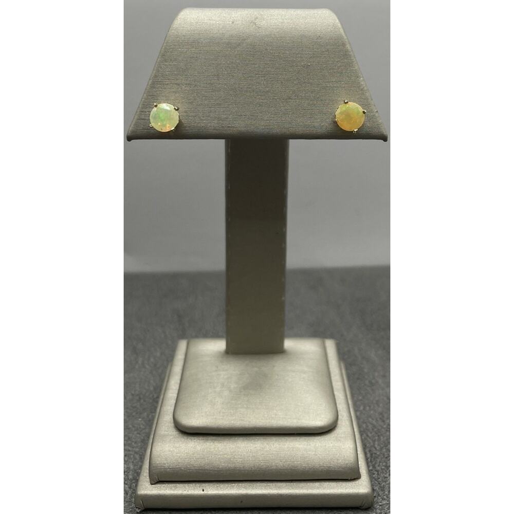 14k Yellow Gold Fancy Basket Synthetic Opal Stud Earrings (27460)